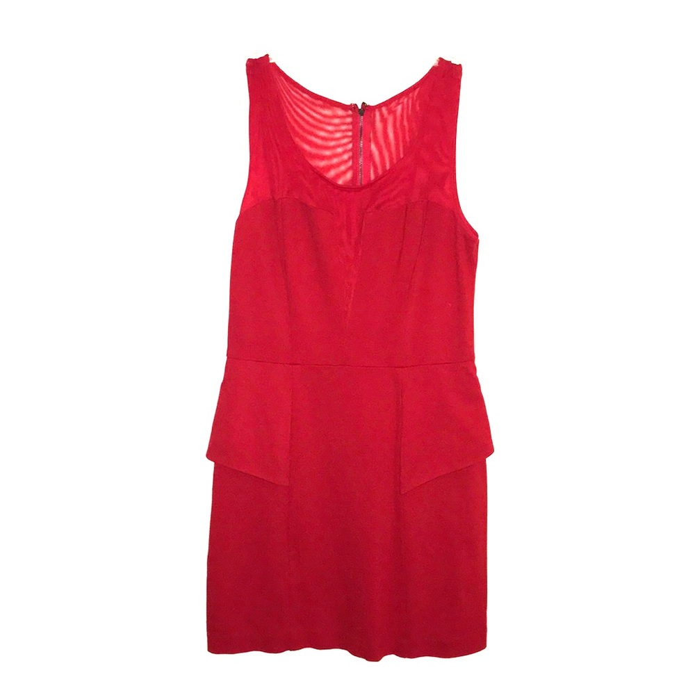 Red sheer v-neck peplum waist sheath